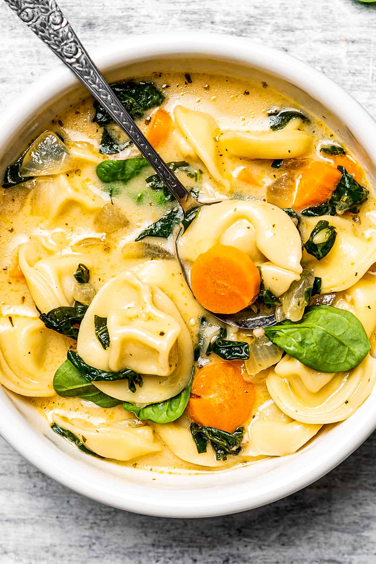 Overhead close up shot of a bowl of cream tortellini soup with a spoon.