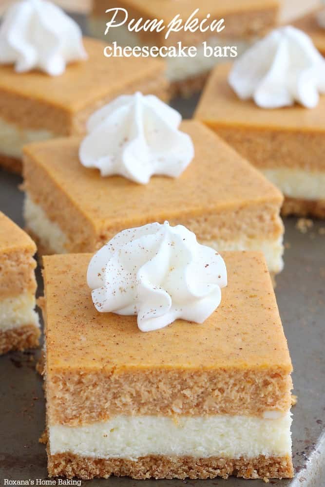 Layered pumpkin cheesecake bars with a dot of whipped cream on top