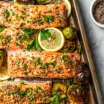 Close-up overhead view of sheet pan salmon.