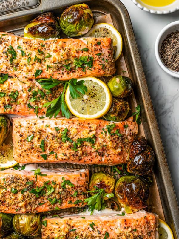 Close-up overhead view of sheet pan salmon.