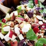 Apples and Bacon Salad with Maple-Balsamic Vinaigrette - Made with apples, bacon, feta cheese, walnuts and a Maple-Balsamic Vinaigrette Dressing, this wonderful Fall-flavored salad is sweet, tangy, crunchy, and beyond delicious!