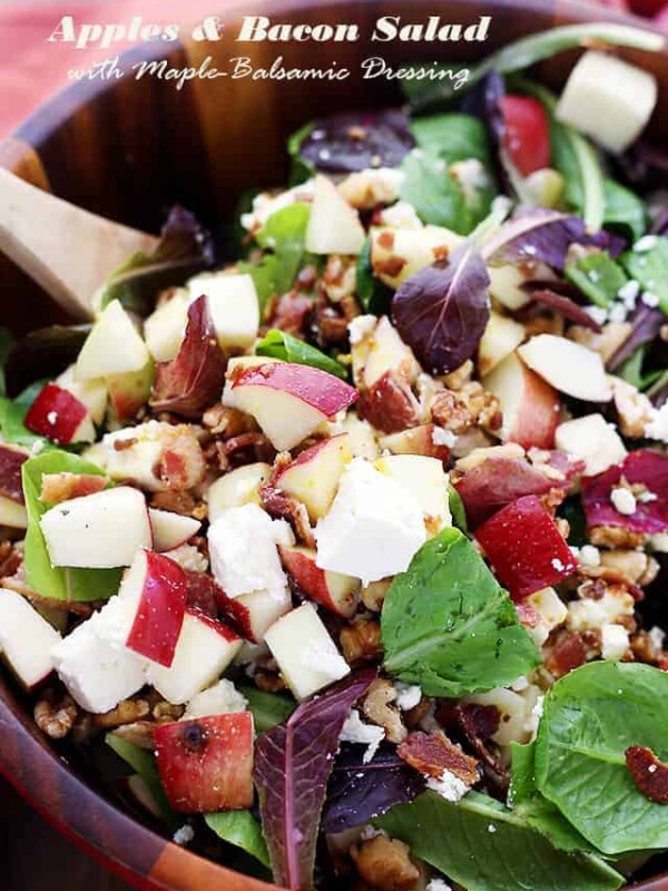 Apples and Bacon Salad with Maple-Balsamic Vinaigrette - Made with apples, bacon, feta cheese, walnuts and a Maple-Balsamic Vinaigrette Dressing, this wonderful Fall-flavored salad is sweet, tangy, crunchy, and beyond delicious!