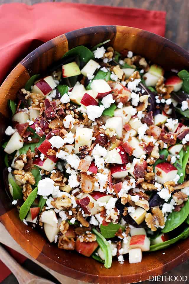 Apples and Bacon Salad with Maple-Balsamic Vinaigrette | www.diethood.com | Made with apples, bacon, feta cheese, walnuts and a Maple-Balsamic Vinaigrette Dressing, this wonderful Fall-flavored salad is sweet, tangy, crunchy, and beyond delicious!