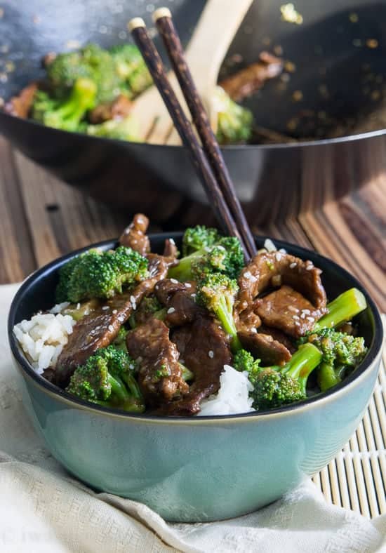 Beef with Broccoli over white rice in a bowl