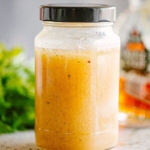 Maple Balsamic dressing in a closed jar.
