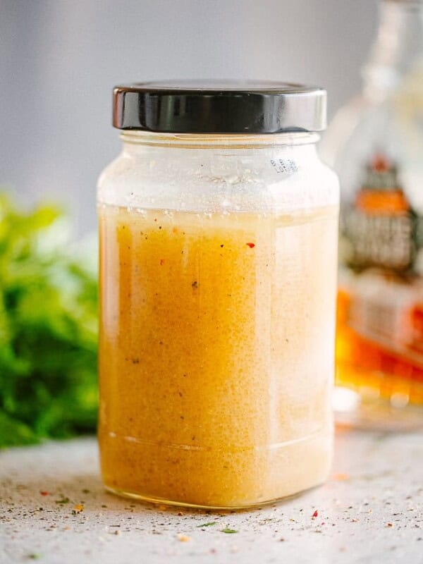 Maple Balsamic dressing in a closed jar.