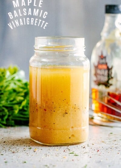 Maple Balsamic Vinaigrette jar with recipe title on photo.