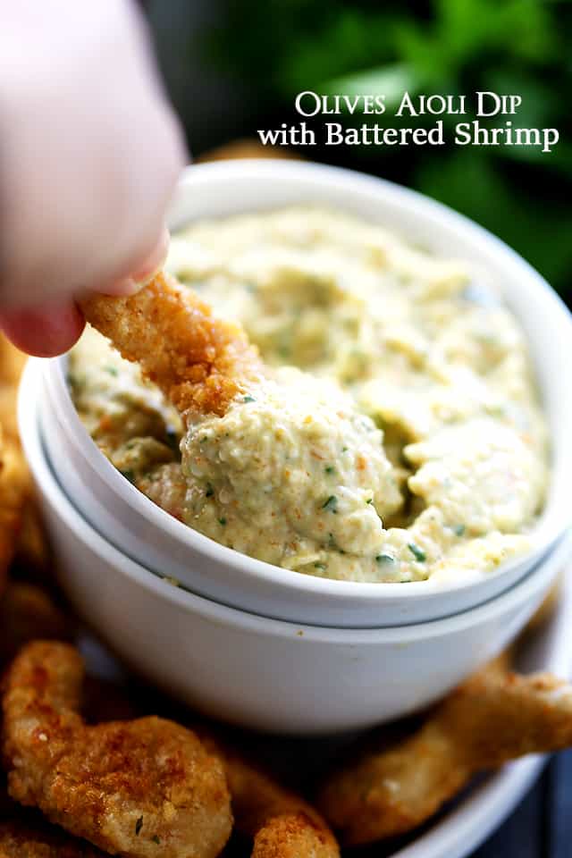 Olives Aioli Dip with Battered Shrimp - Flavorful, creamy and very delicious Olives Aioli Dip served with perfectly crunchy battered shrimp.