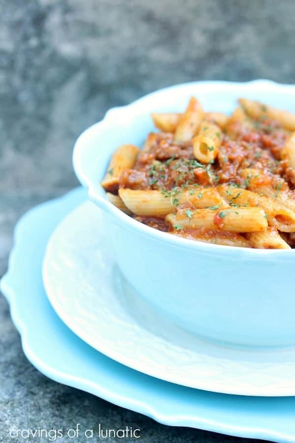 Roasted Red Pepper and Italian Sausage Pasta in a bowl