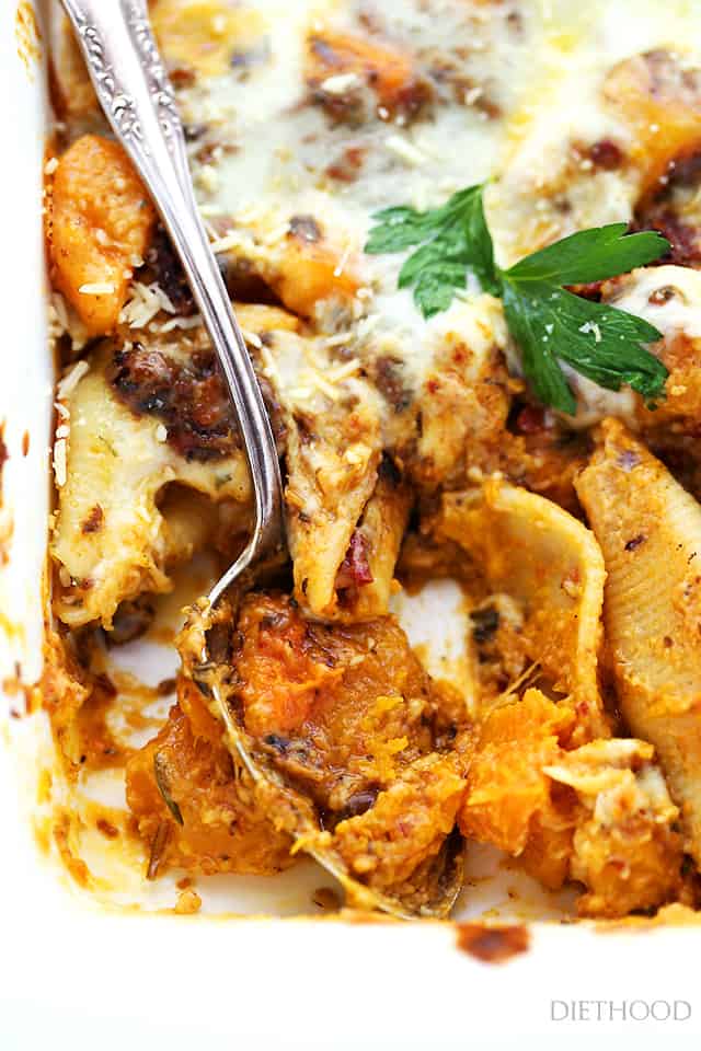 Unstuffed Shells with Butternut Squash and Tomato Pesto | www.diethood.com | Saucy, creamy, delicious unstuffed pasta shells with butternut squash and tomato pesto.