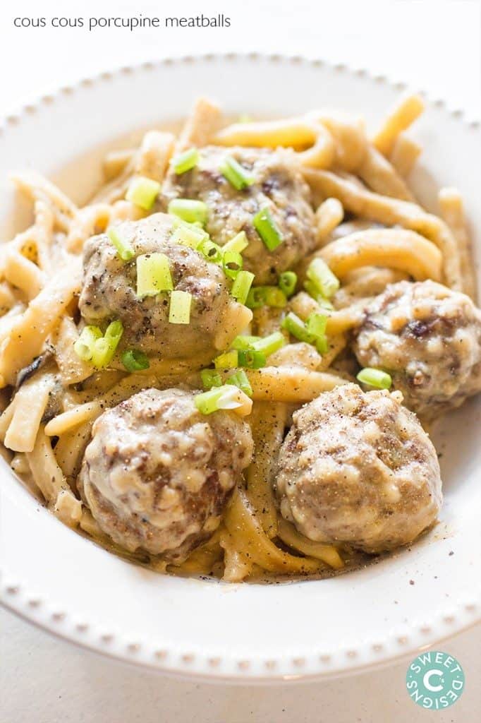 Couscous porcupine meatballs with pasta in a bowl