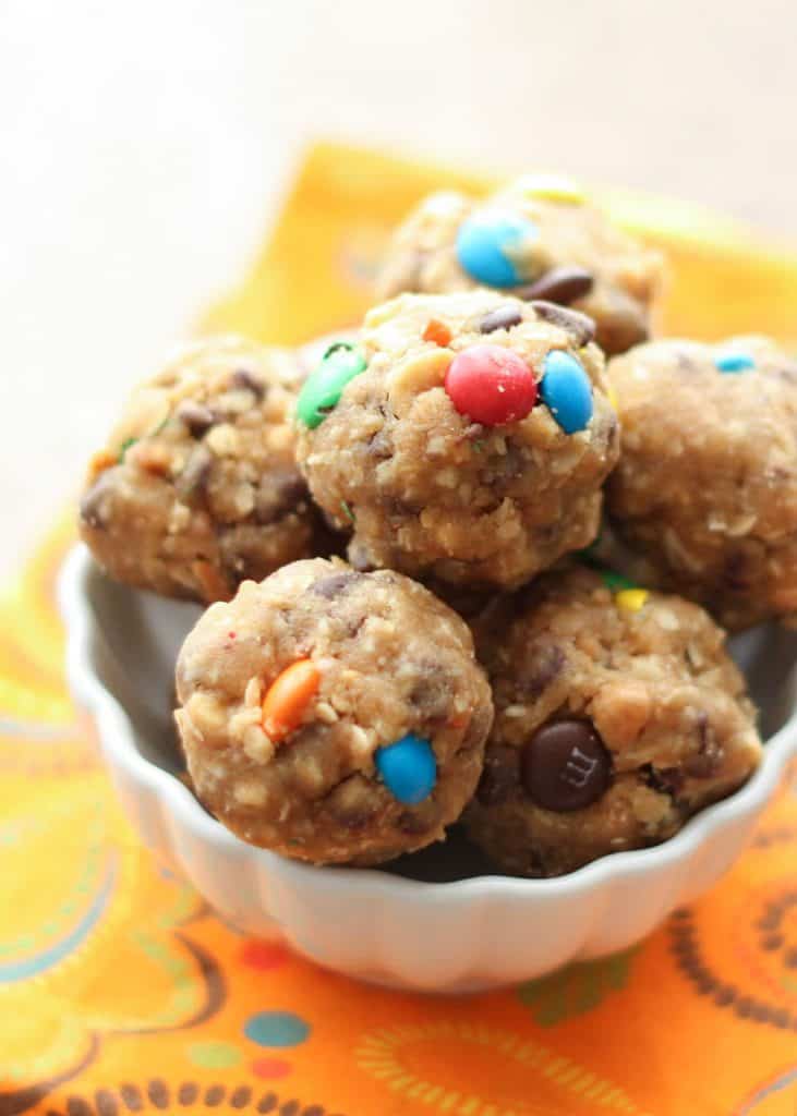 Balls of Monster Cookie dough bites in a bowl