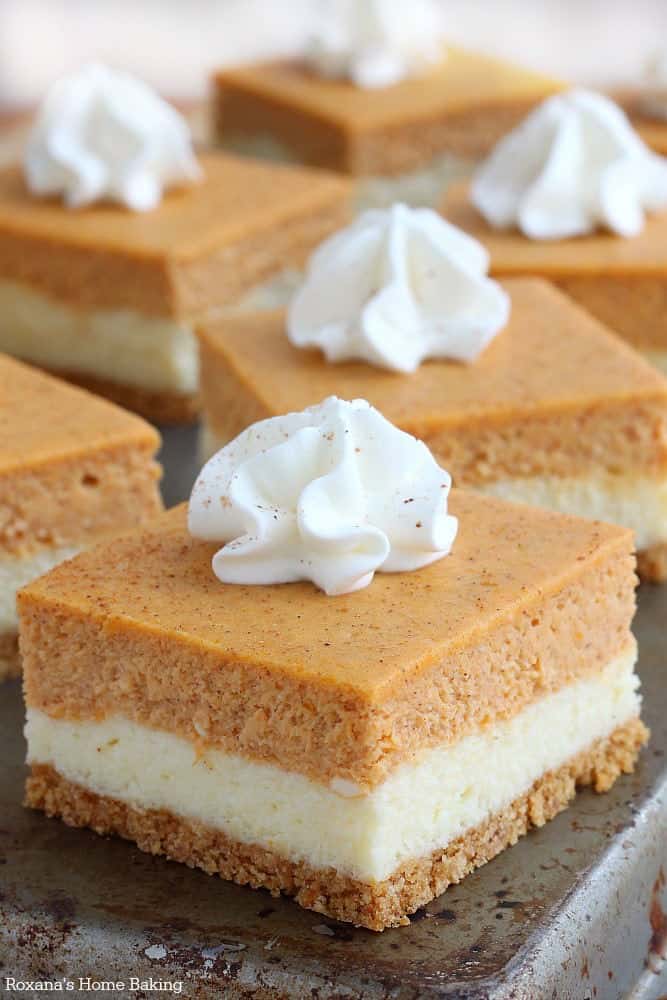 Layered pumpkin cheesecake bars with a dot of whipped cream