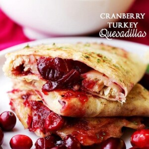 Cranberry Turkey Quesadillas - Sweet, tart cranberry sauce and tender turkey meat tucked inside melty, cheesy quesadillas.