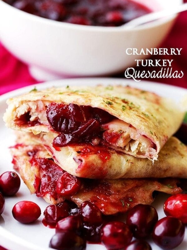 Cranberry Turkey Quesadillas - Sweet, tart cranberry sauce and tender turkey meat tucked inside melty, cheesy quesadillas.