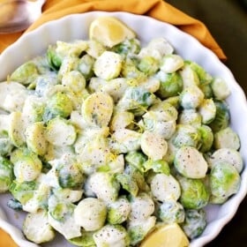 Creamy Dijon Brussels Sprouts - Quick, easy, and a simply delicious side dish with Brussels Sprouts tossed in a creamy, citrusy, dijon sauce.