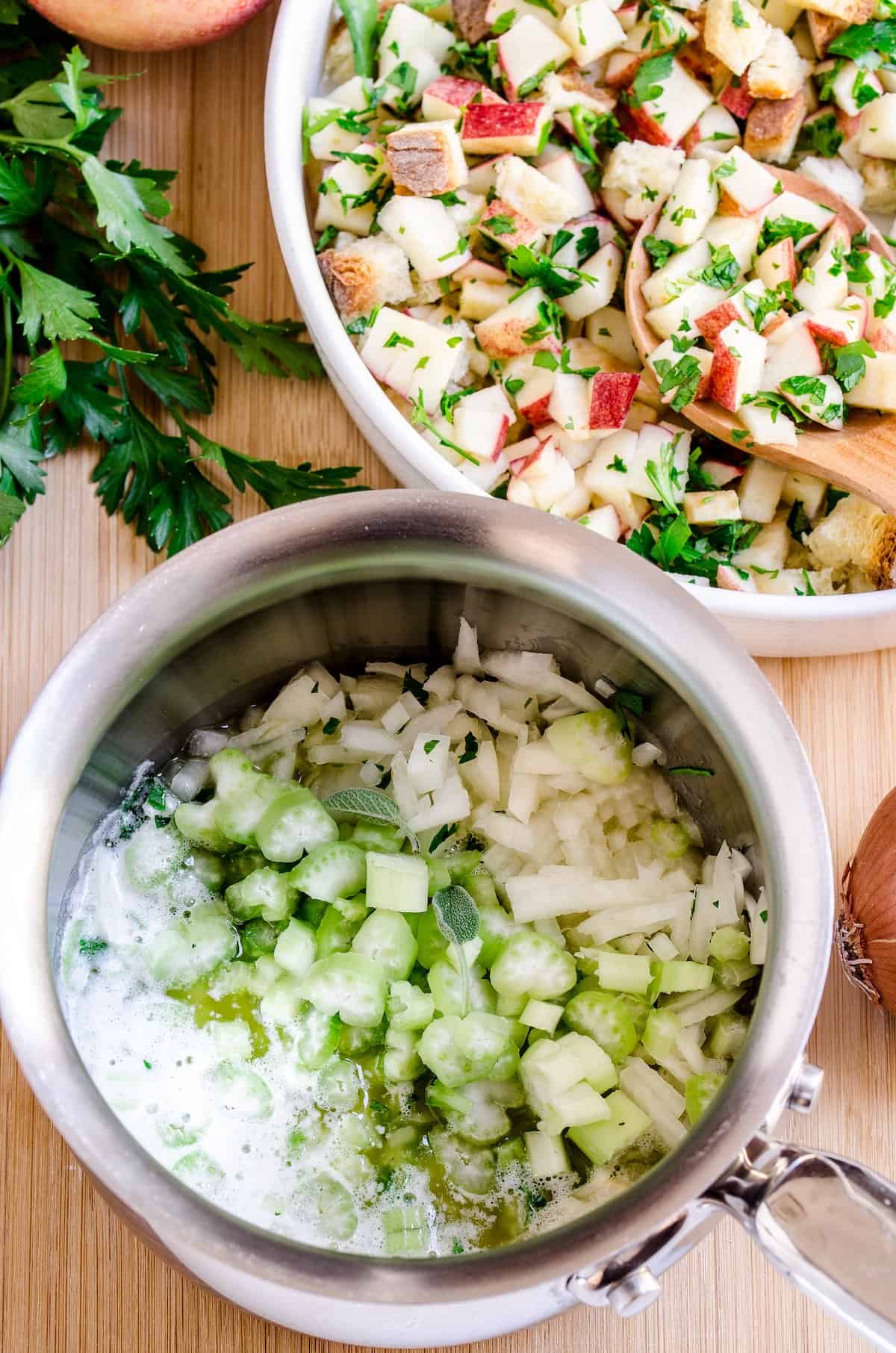 Two bowls with ingredients for apple stuffing.