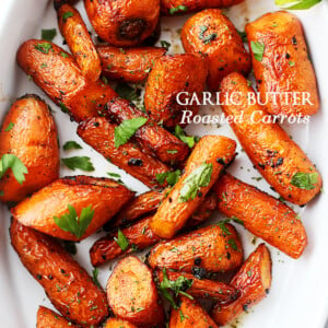 Garlic Butter Roasted Carrots - Ridiculously easy, yet tender and SO incredibly delicious roasted carrots with garlic butter.