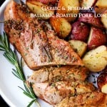 Garlic and Rosemary Balsamic Roasted Pork Loin - Easy to make, flavorful, incredibly tender pork loin rubbed with a Garlic and Rosemary Balsamic mixture makes for a crowd pleasing dinner with very little effort.