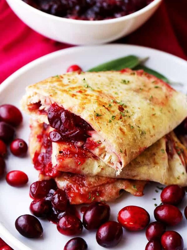 Cranberry Turkey Quesadillas - Sweet, tart cranberry sauce and tender turkey meat tucked inside melty, cheesy quesadillas.