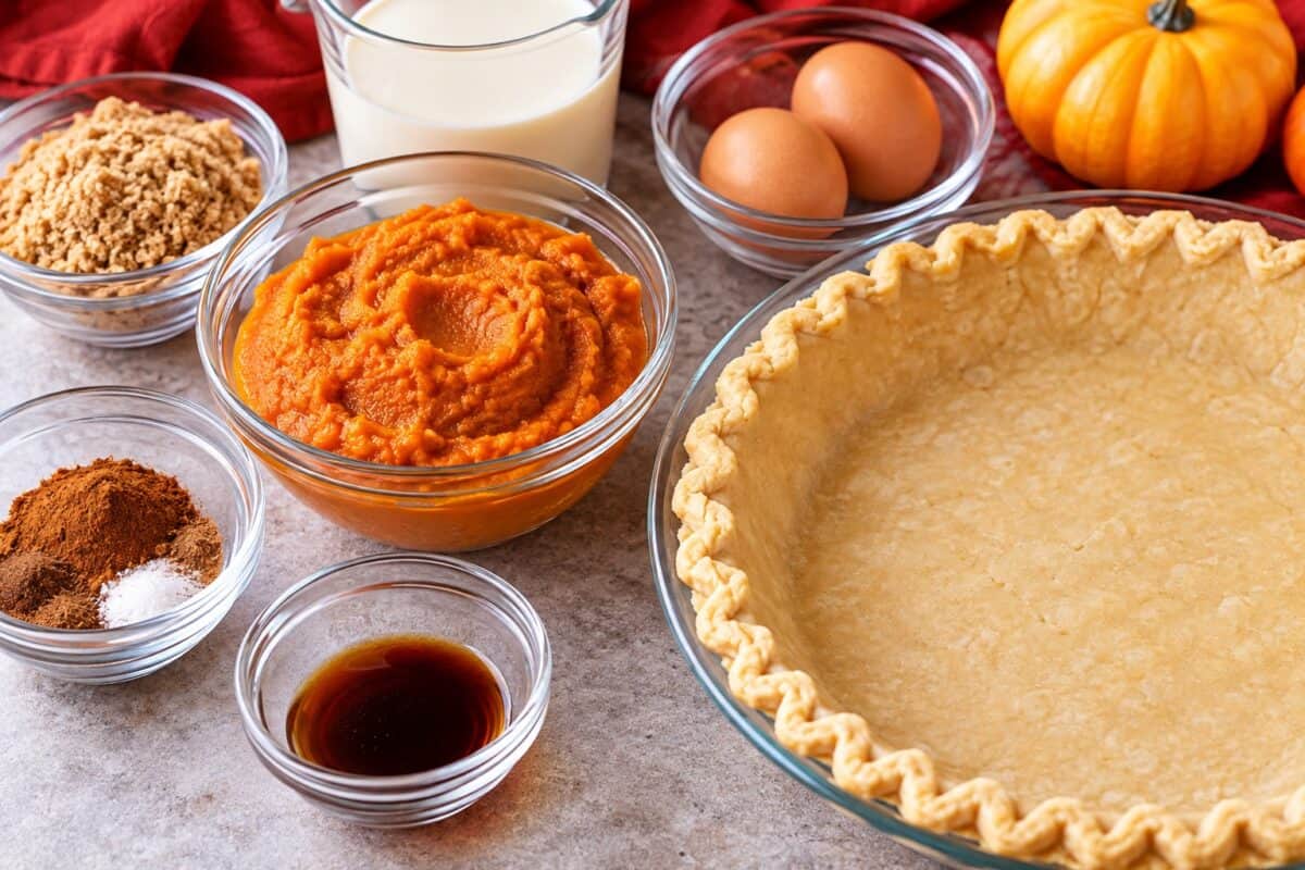 Ingredients for a homemade pumpkin pie.