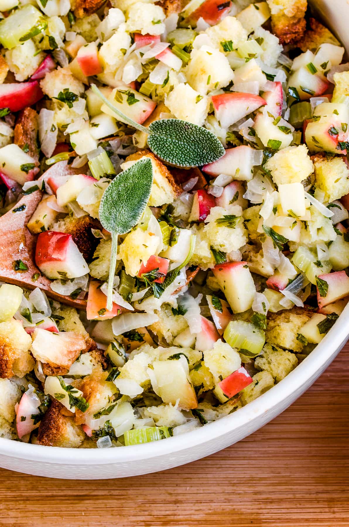 Close-up photo of turkey stuffing with apples.