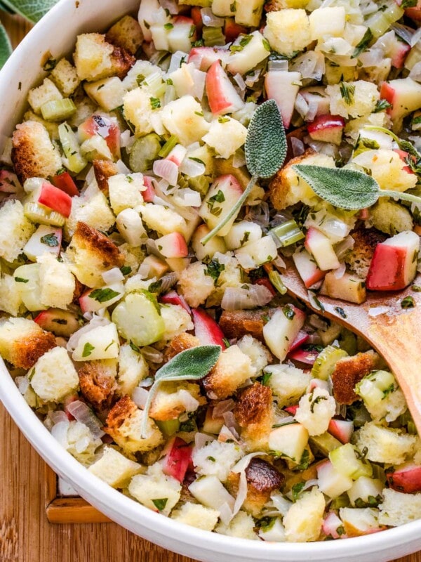 Apple Stuffing served in a white bowl.