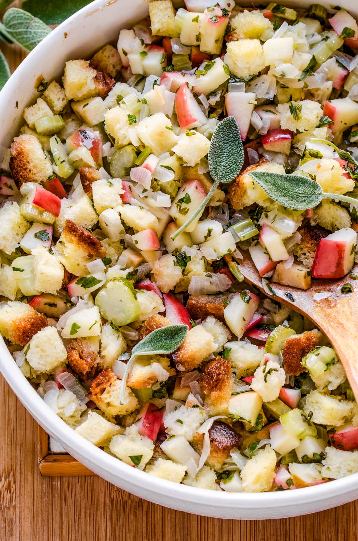 Apple Stuffing served in a white bowl.