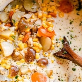 close up shot of chowder with leftover turkey, potatoes, and corn