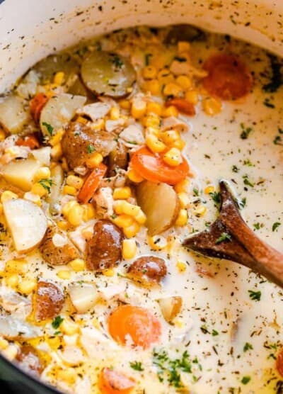 close up shot of chowder with leftover turkey, potatoes, and corn