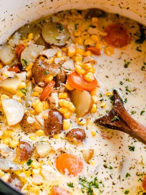 close up shot of chowder with leftover turkey, potatoes, and corn