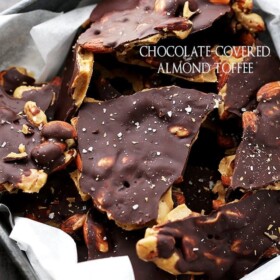 Chocolate Covered Almond Toffee - Made with light brown sugar, dark chocolate and toasted almonds, this toffee recipe results in a deep flavored, crunchy, and delicious treat!