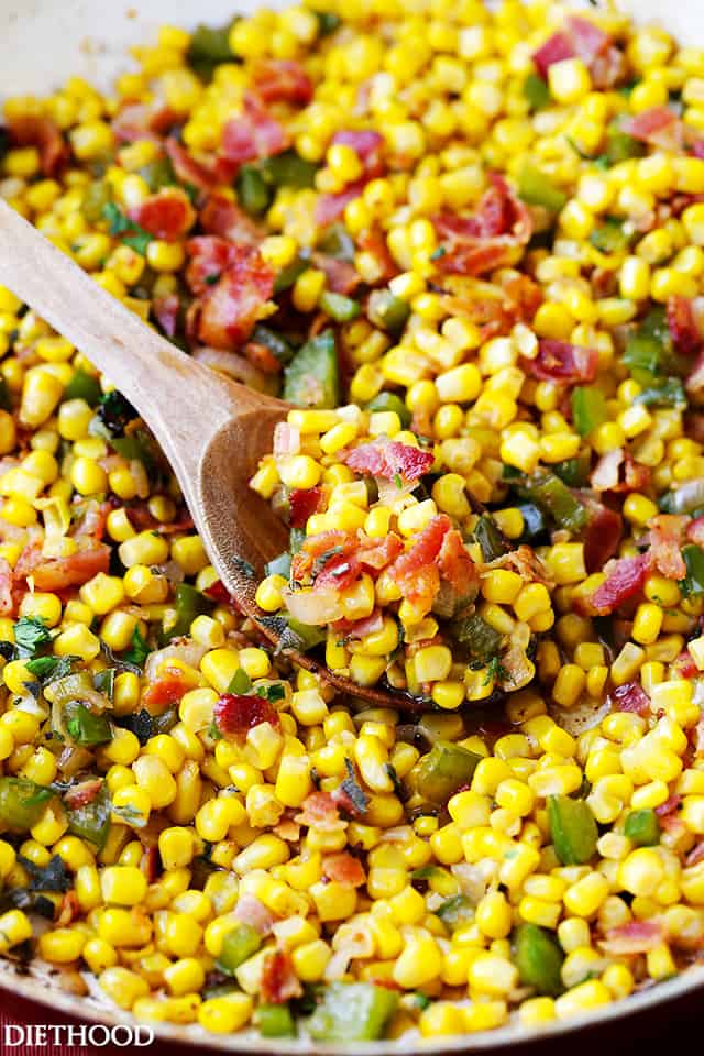 Bacon and Corn Skillet Recipe - Easy and seriously delicious side dish with crispy bacon and deliciously seasoned corn with sage and shallots.