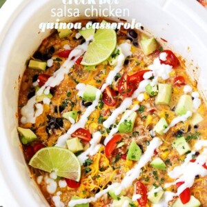 Crock Pot Salsa Chicken Quinoa Casserole Recipe - Give rotisserie chicken new life with this super simple and delicious casserole. Packed with quinoa, chicken, veggies, and salsa, this is about to become your new go-to hearty meal! All you need to do is arrange the ingredients in the crock pot and walk away.