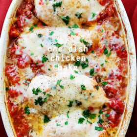 One Dish Chicken Bake - Flavorful chicken baked on a bed of tomatoes and covered in cheese makes for a one-dish dinner the whole family will enjoy.