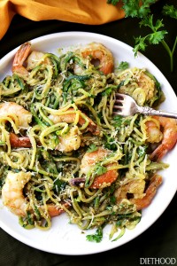 Pesto Zucchini Noodles and Shrimp - Quick and easy dinner recipe with tender zucchini noodles and perfectly sauteed shrimp tossed in a delicious basil pesto sauce.