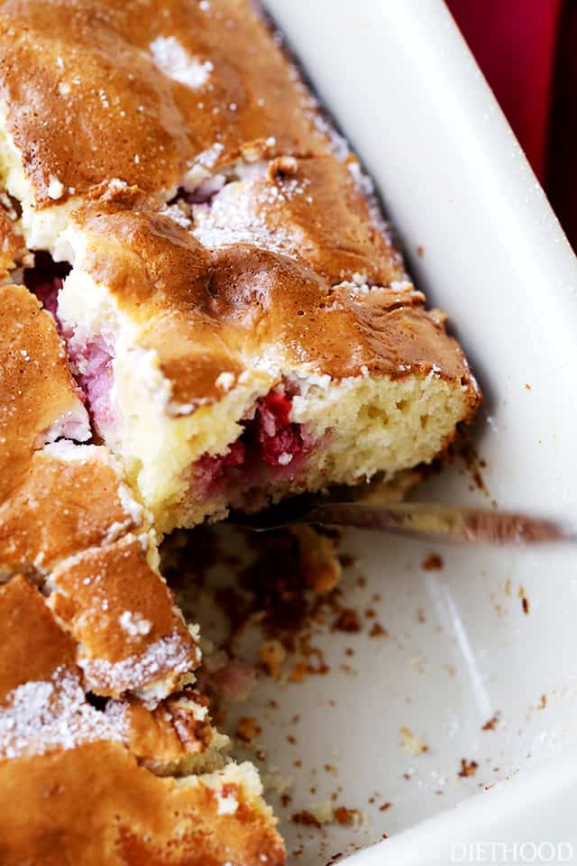 Raspberry Cream Cheese Coffee Cake - Lightened-up, quick and easy Raspberry Cream Cheese Coffee Cake studded with fresh raspberries and finished off with a fluffy cream cheese topping.