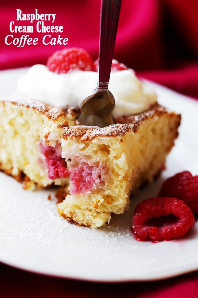 Raspberry Cream Cheese Coffee Cake - Lightened-up, quick and easy Raspberry Cream Cheese Coffee Cake studded with fresh raspberries and finished off with a fluffy cream cheese topping.