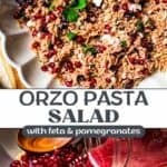 Orzo pasta salad long Pinterest image with text overlay.