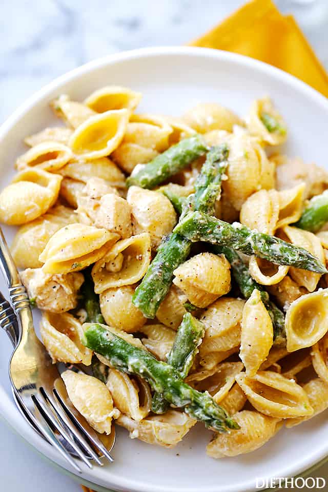 Chicken asparagus pasta with feta cheese and neufchatel cheese.