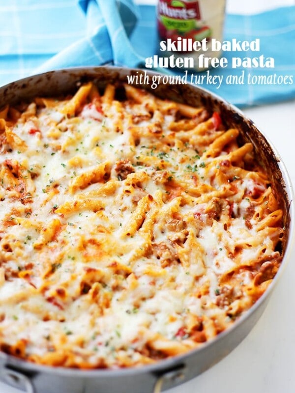 Skillet Baked Gluten Free Pasta with Ground Turkey and Tomatoes - Light, yet hearty and cheesy pasta dish with ground turkey and tomatoes. A one-pot, easy meal that's perfect for any night of the week.
