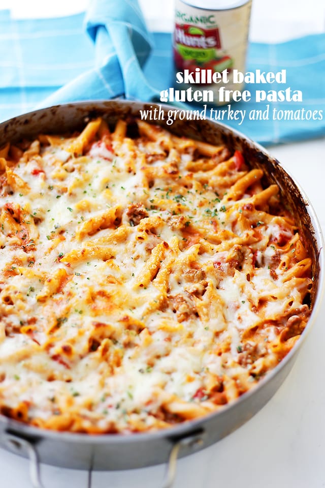 Skillet Baked Gluten Free Pasta with Ground Turkey and Tomatoes - Light, yet hearty and cheesy pasta dish with ground turkey and tomatoes. A one-pot, easy meal that's perfect for any night of the week. 