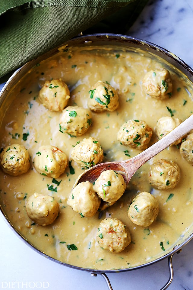 Turkey Swedish meatballs with homemade gravy in the pan. 