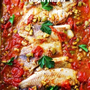 Mediterranean Style Baked Tilapia - A quick, easy, and healthy fish recipe with olives and tomatoes that's perfect for a weeknight dinner, and fancy enough for a dinner party!