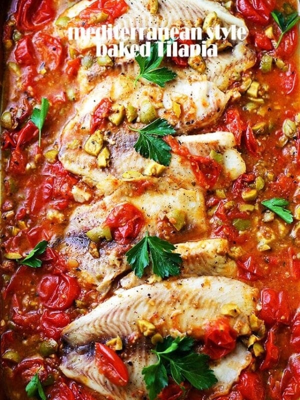 Mediterranean Style Baked Tilapia - A quick, easy, and healthy fish recipe with olives and tomatoes that's perfect for a weeknight dinner, and fancy enough for a dinner party!