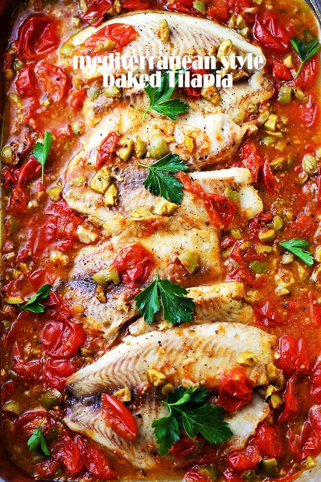 Mediterranean Style Baked Tilapia - A quick, easy, and healthy fish recipe with olives and tomatoes that's perfect for a weeknight dinner, and fancy enough for a dinner party!