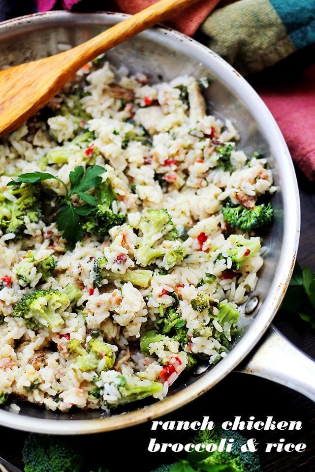 One Skillet Broccoli and Rice Ranch Chicken Recipe - An easy weeknight skillet dinner that is ready in under 30 minutes with ranch-mix seasoned chicken, broccoli and rice.