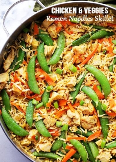 Chicken and Veggies Ramen Noodles Skillet - Delicious ramen noodles tossed with leftover chicken, carrots and snap peas make for an easy and super quick weeknight meal.