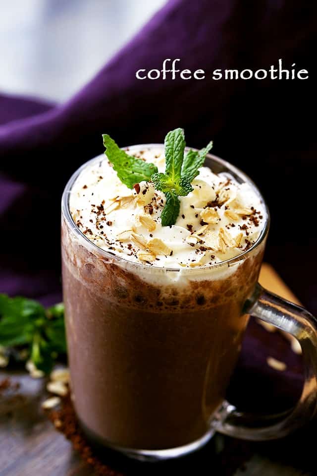 Coffee Smoothie served in a glass mug and topped with mint leaves.