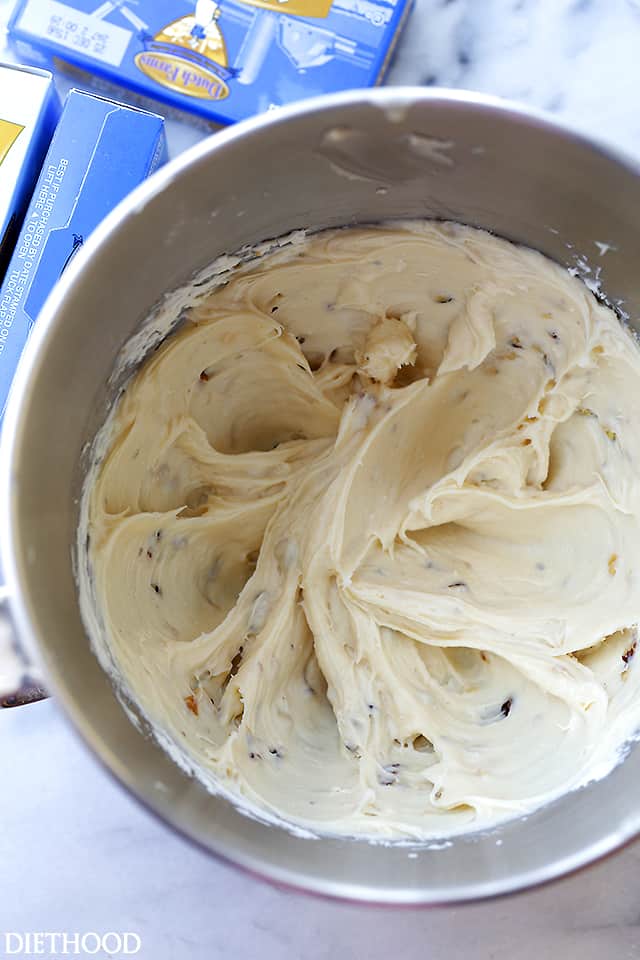 Overhead view of ingredients for White Chocolate Cheeseball whipped in a stand mixer bowl